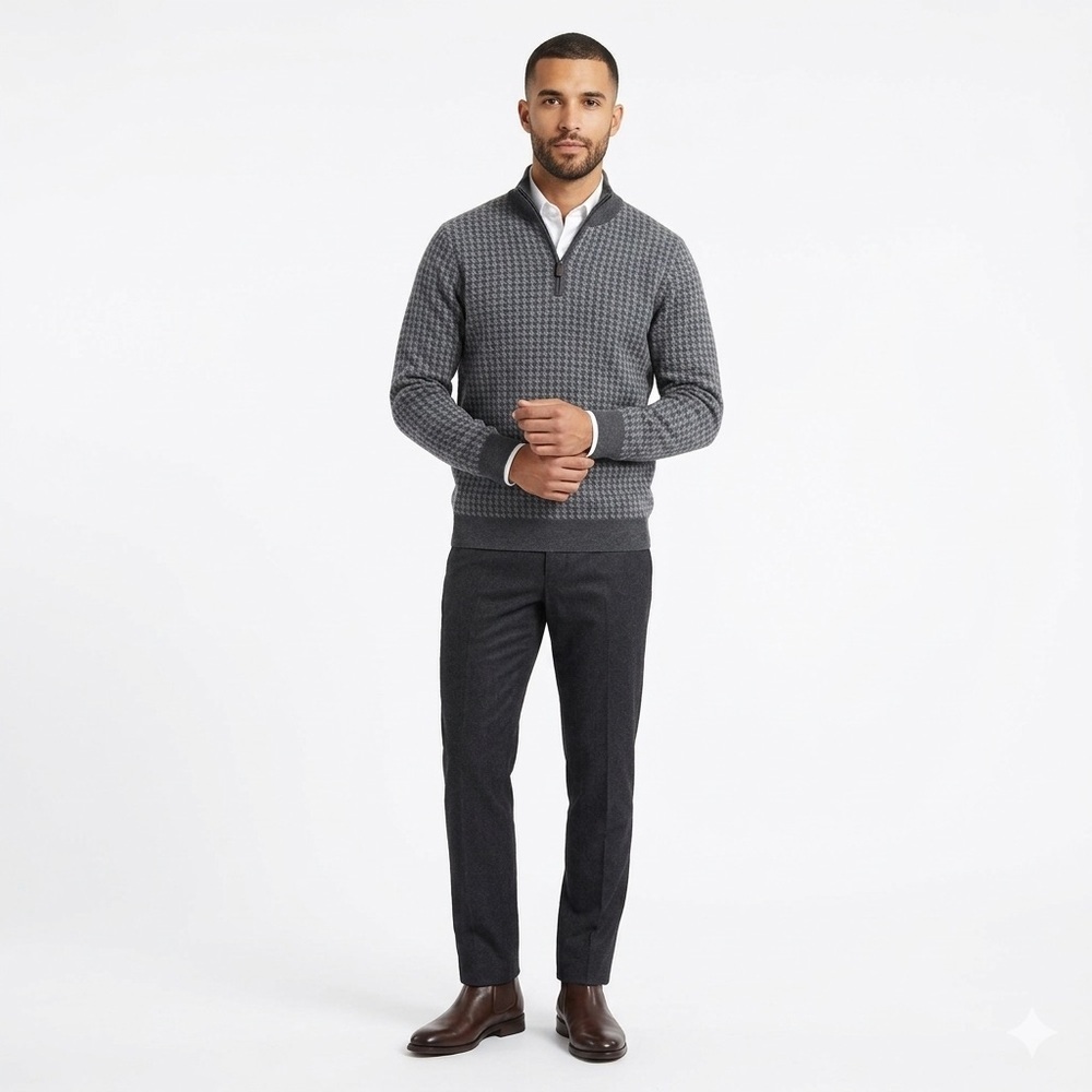 Jos. A. Bank Charcoal Houndstooth Zip-Up Sweater L excellent condition.